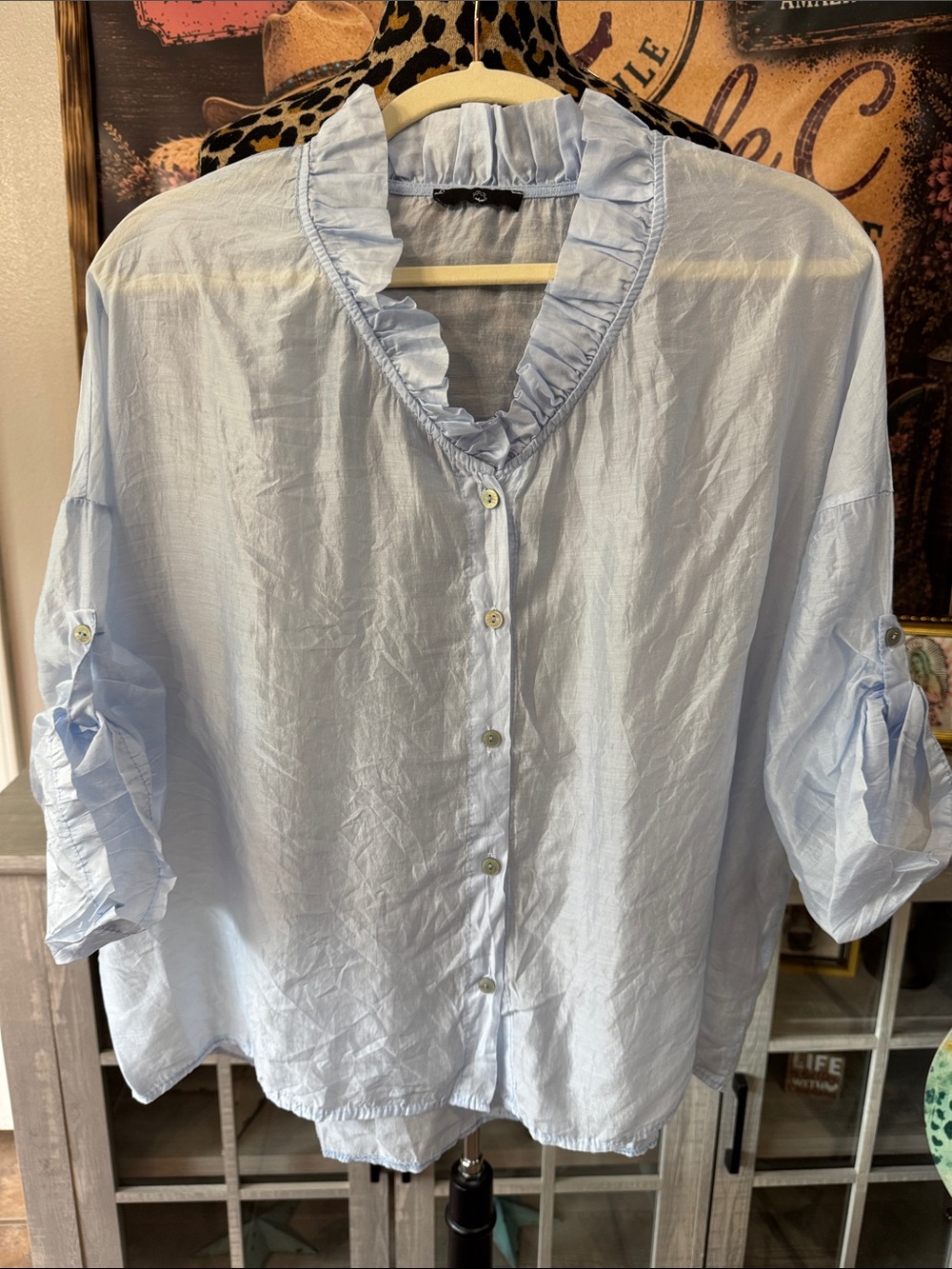 Made In Italy Tencel Sky Blue Ruffle V-Neck Button Front Women's Top Size Lg
